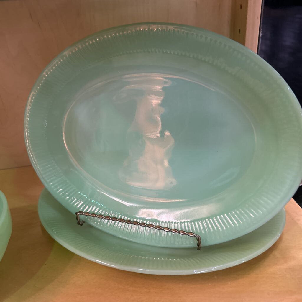 Jadeite Fire King-Glass Serving Platter Ribbed Jane Ray Pattern, 9x12.