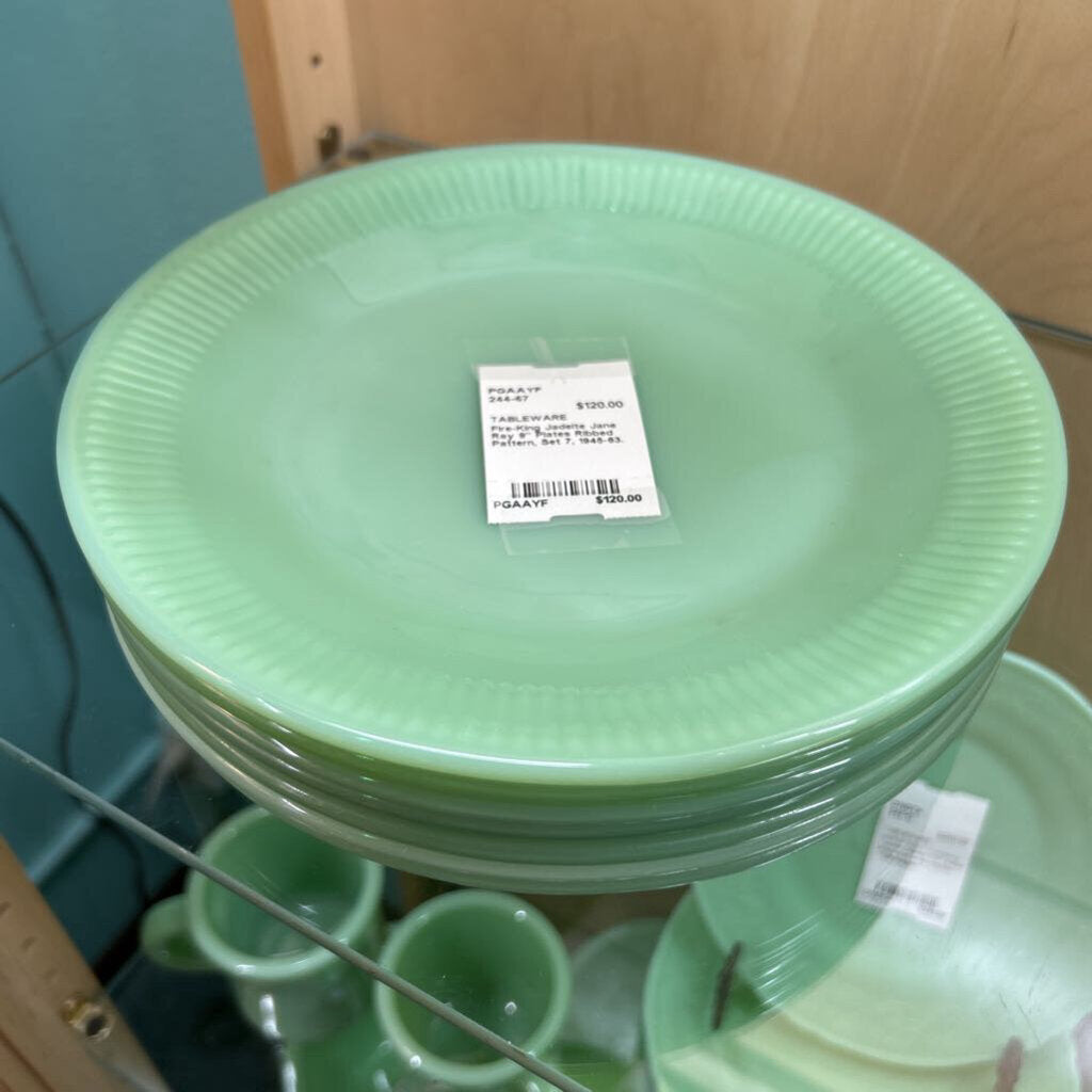 Fire-King Jadeite Jane Ray 9" Plates Ribbed Pattern, Set 7, 1945-63.