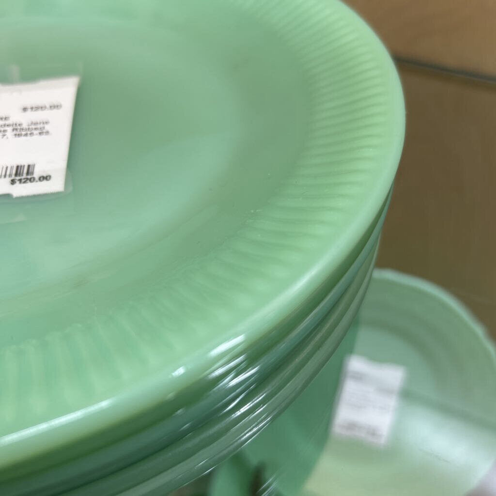 Fire-King Jadeite Jane Ray 9" Plates Ribbed Pattern, Set 7, 1945-63.