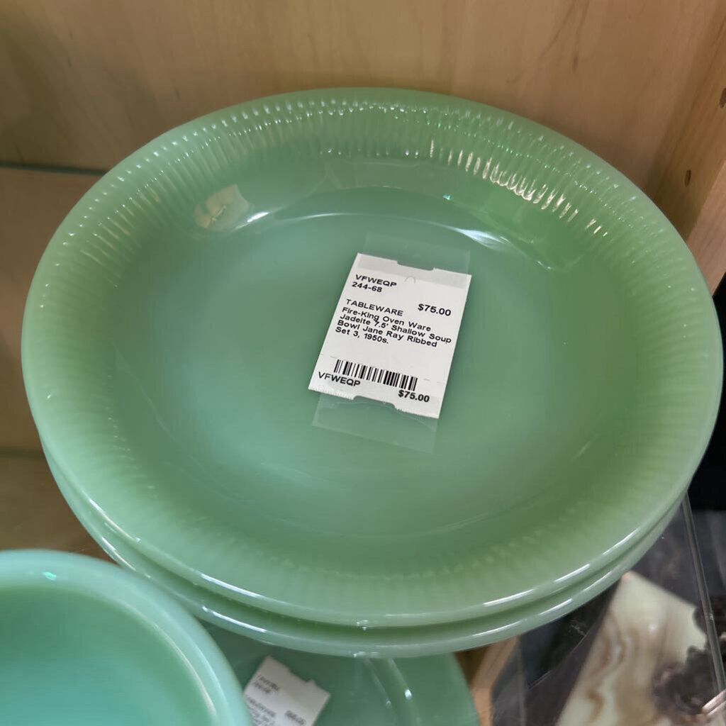 Fire-King Oven Ware Jadeite 7.5' Shallow Soup Bowl Jane Ray Ribbed Set 3, 1950s.