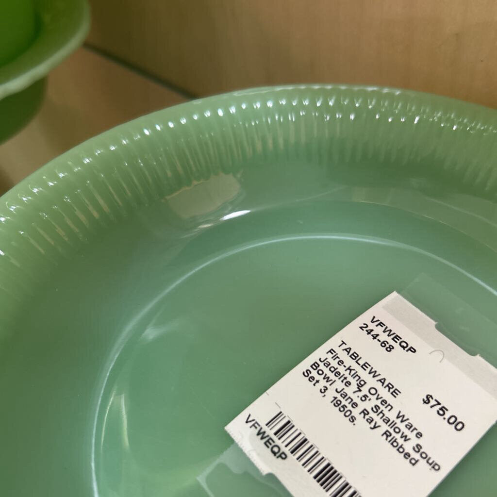 Fire-King Oven Ware Jadeite 7.5' Shallow Soup Bowl Jane Ray Ribbed Set 3, 1950s.