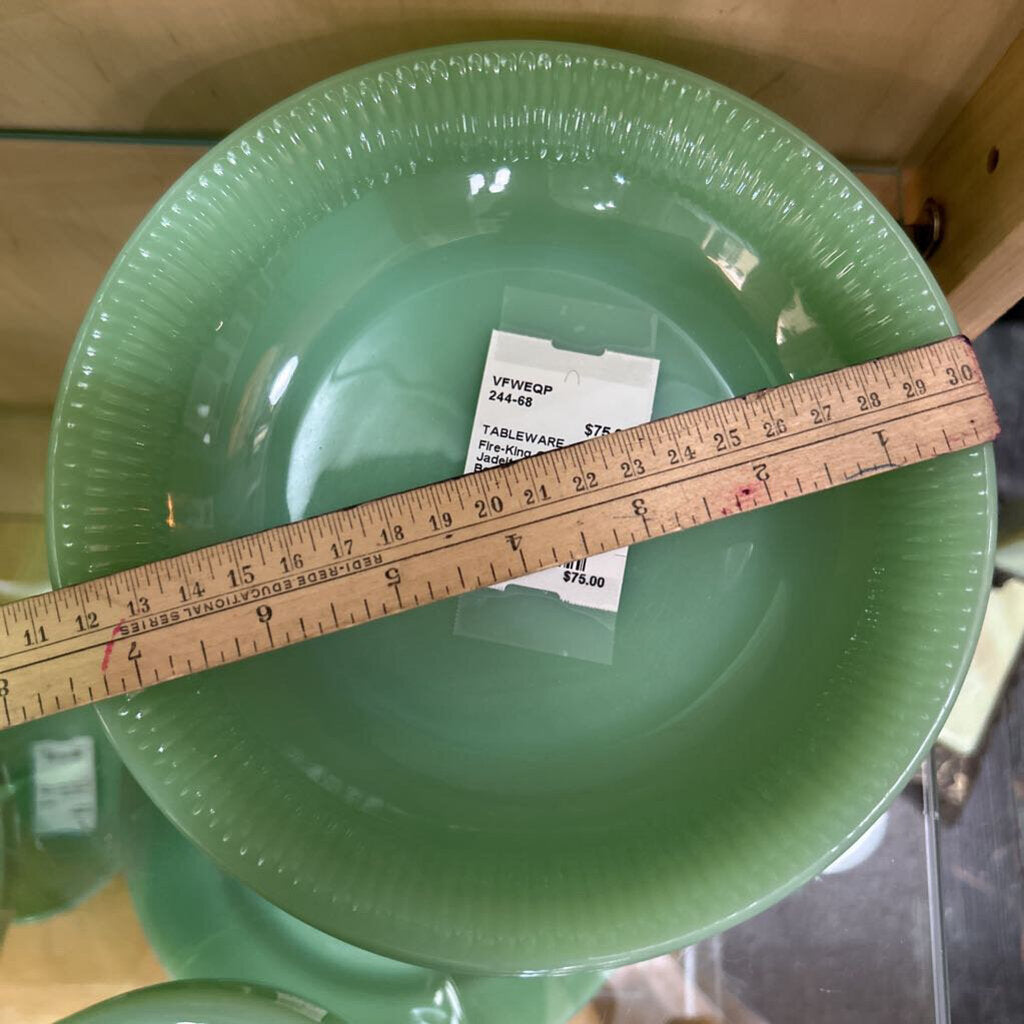 Fire-King Oven Ware Jadeite 7.5' Shallow Soup Bowl Jane Ray Ribbed Set 3, 1950s.