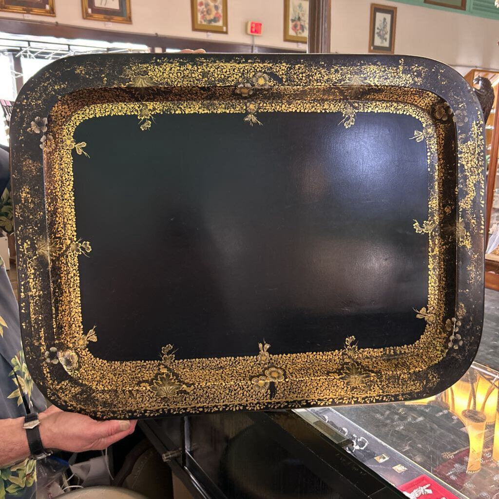 B. Walton & Co, Wolverhampton, England c.1840-1855. Papier-Mache Lacquer Tray, Gold Floral Border Design.
