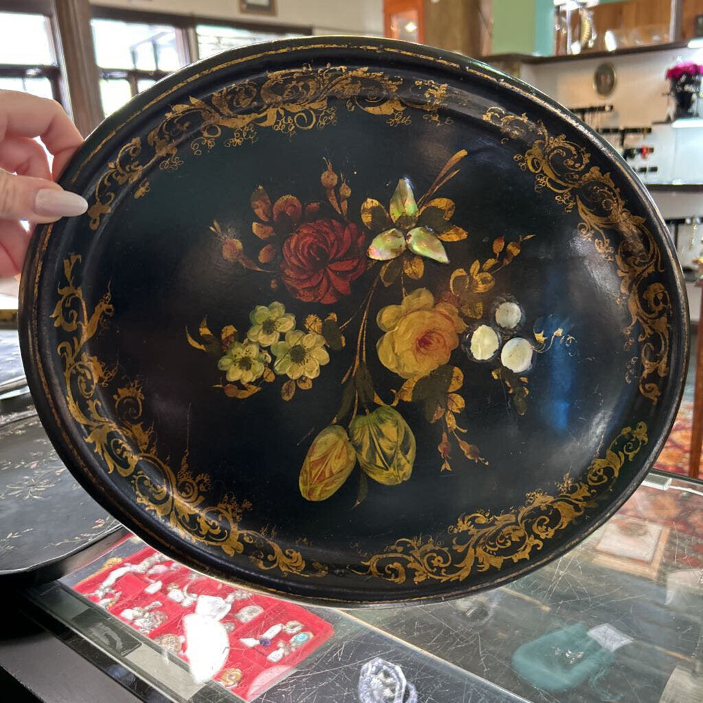 English Victorian Ebonized Papier-Mache Hand-Painted Florals, Mother of Pearl Inlays Embedded into Florals. (Condition as is)