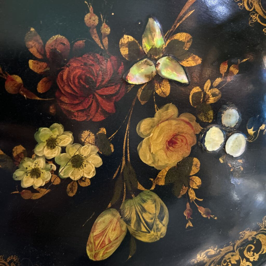 English Victorian Ebonized Papier-Mache Hand-Painted Florals, Mother of Pearl Inlays Embedded into Florals. (Condition as is)