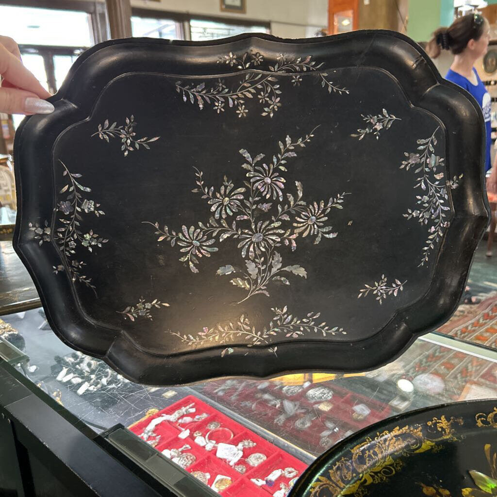 Asian Black Lacquerware Serving Tray, Featuring Intricate Mother of Pearl Florals. (as is)