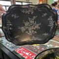 Asian Black Lacquerware Serving Tray, Featuring Intricate Mother of Pearl Florals. (as is)
