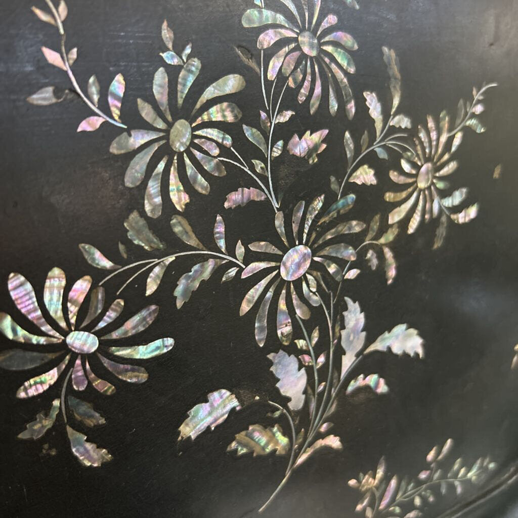 Asian Black Lacquerware Serving Tray, Featuring Intricate Mother of Pearl Florals. (as is)
