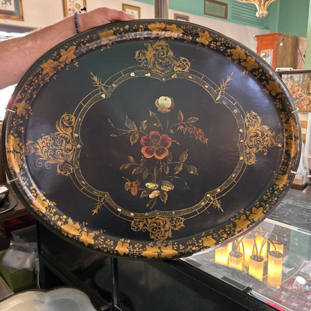 Victorian Toleware Tray (Lacquered Sheet Metal, Hand Painted Florals, with mother of pearl inlays c.1850-1885. 24x30.