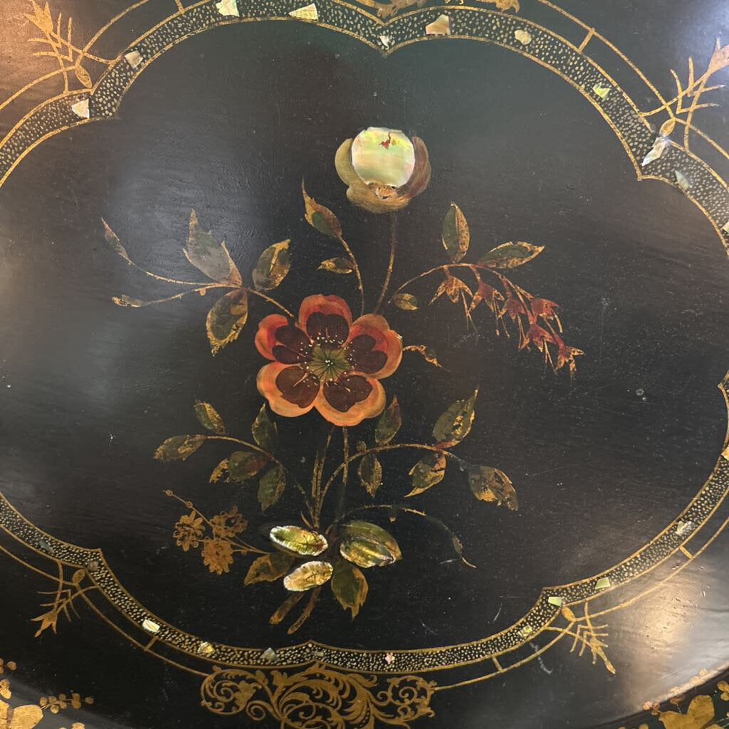 Victorian Toleware Tray (Lacquered Sheet Metal, Hand Painted Florals, with mother of pearl inlays c.1850-1885. 24x30.
