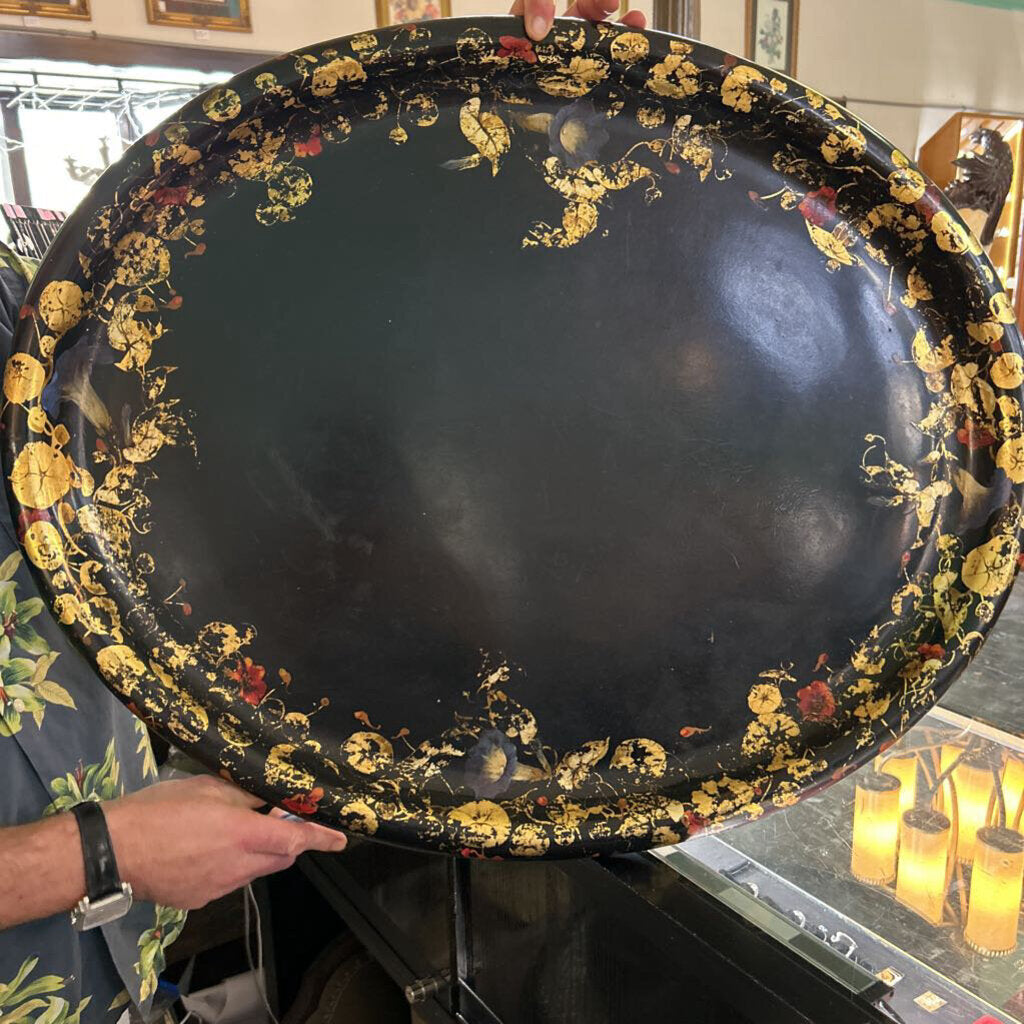 Victorian Lacquered Papier-Mache, Gold Gilt Stenciling Border and Hand-Painted Detail. 25'x32' (Condition as is)