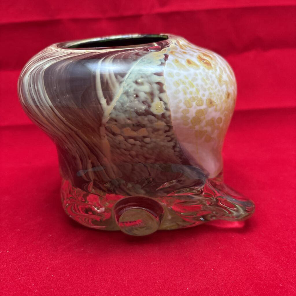 Ananda Glass Studio Vase in Mottled Brown Glass w/ Floral Impressions; Engraved signature and Date; 1989
