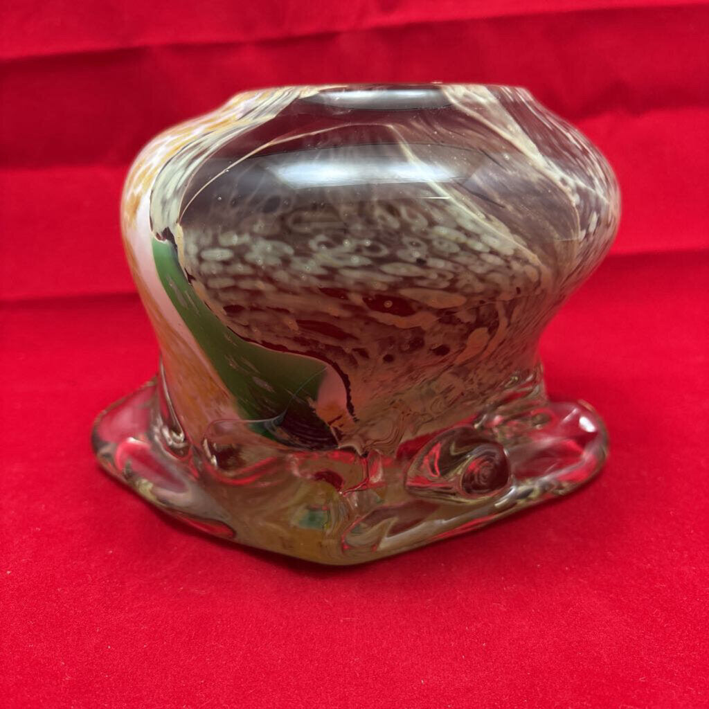 Ananda Glass Studio Vase in Mottled Brown Glass w/ Floral Impressions; Engraved signature and Date; 1989