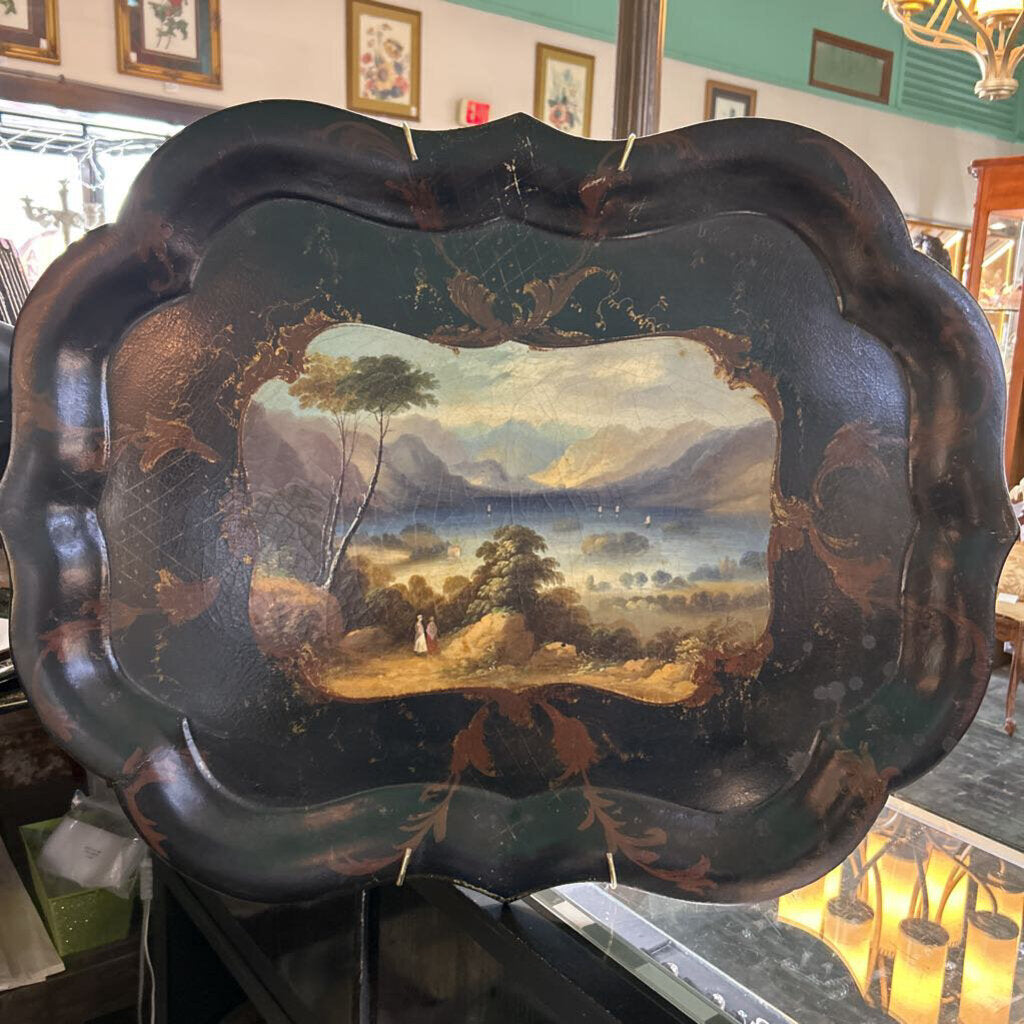 Victorian English Papier-Mache Tray, Hand-Painted Landscape Mountains Scene, Scallop Edge 23'x30' c.1835-1855.