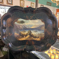 Victorian English Papier-Mache Tray, Hand-Painted Landscape Mountains Scene, Scallop Edge 23'x30' c.1835-1855.