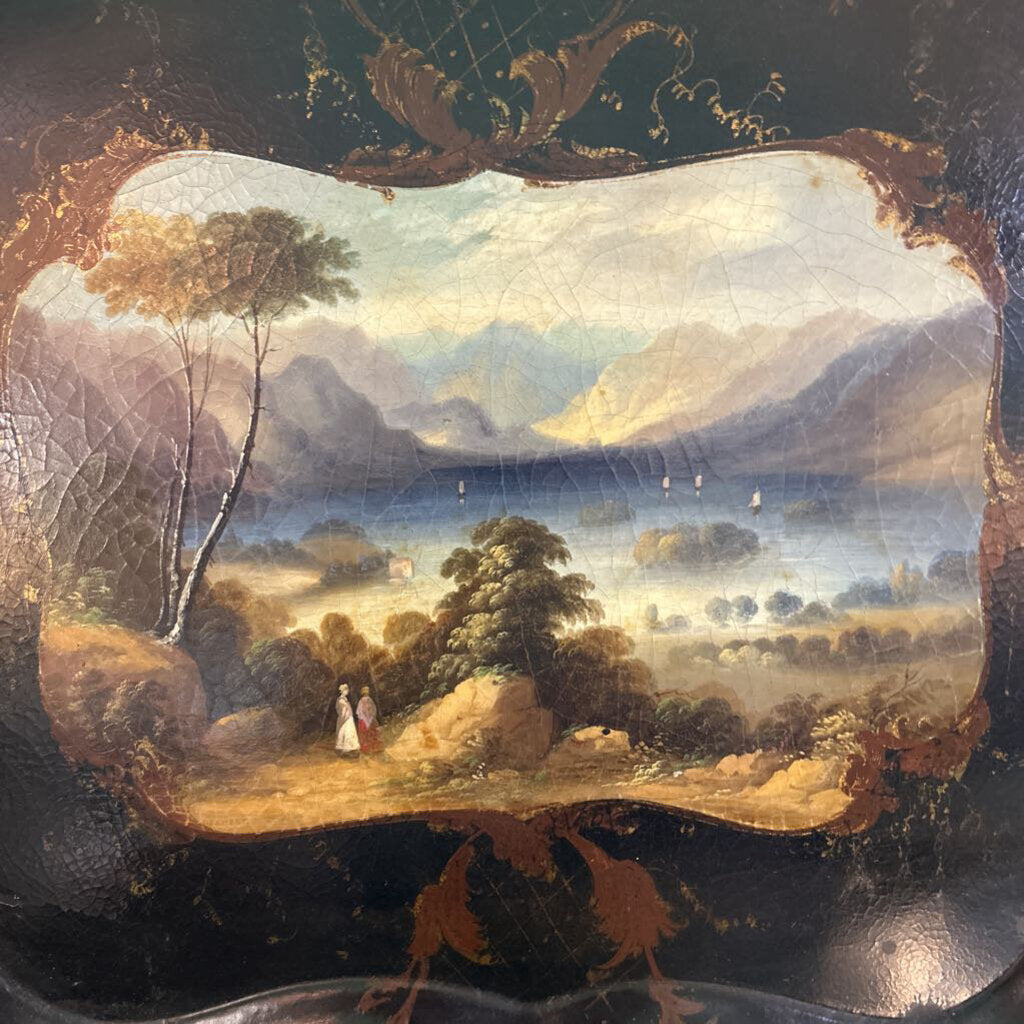 Victorian English Papier-Mache Tray, Hand-Painted Landscape Mountains Scene, Scallop Edge 23'x30' c.1835-1855.