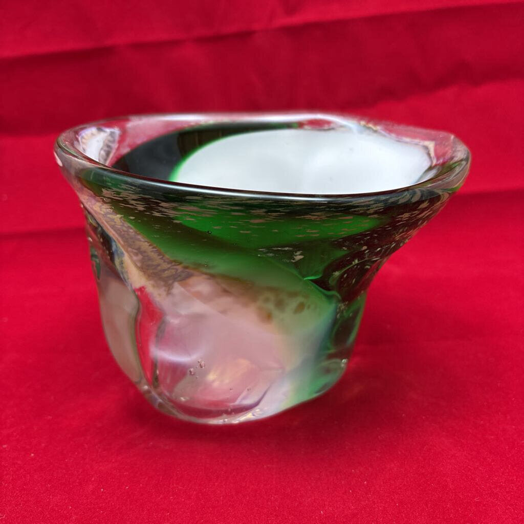 Ananda Glass Studio Small Ovoid Vase w/ Flared rim in Green & White Glass; 1989