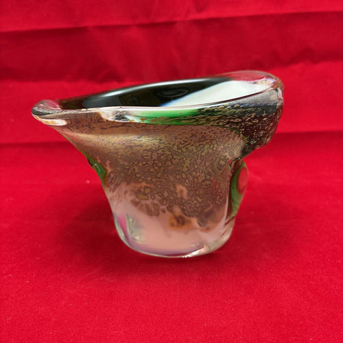 Ananda Glass Studio Small Ovoid Vase w/ Flared rim in Green & White Glass; 1989