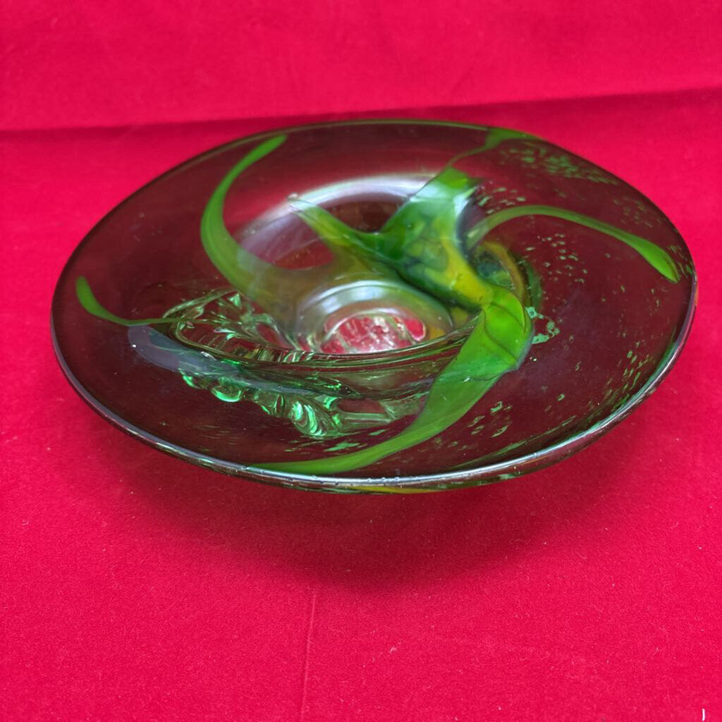 Ananda Glass Studio Small Bowl/ Dish w/ Flared rim in Green; 1989