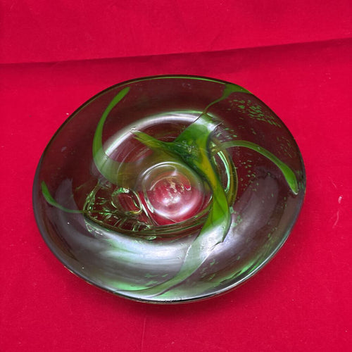 Ananda Glass Studio Small Bowl/ Dish w/ Flared rim in Green; 1989