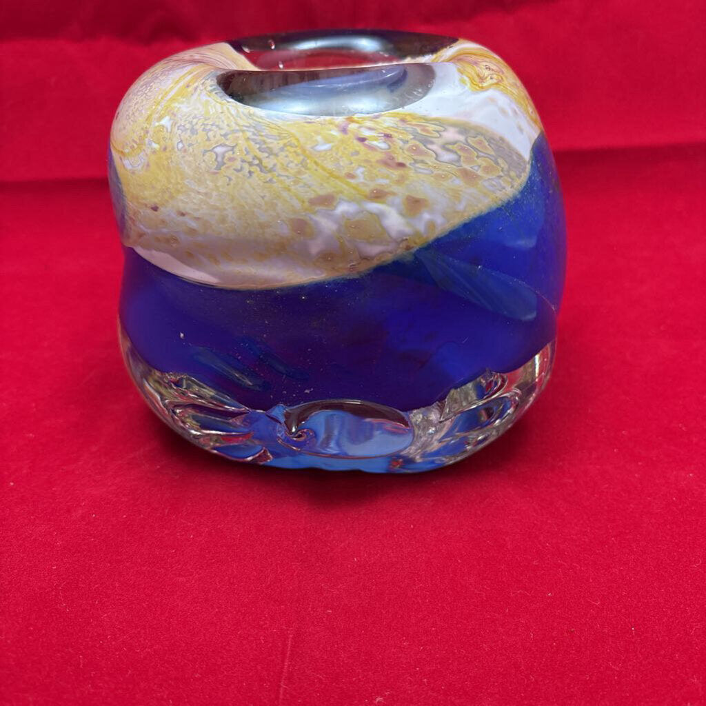 Ananda Glass Studio Vase in Blue Mottled Glass w/ Inverted Rim & Floral Impressions; 1989