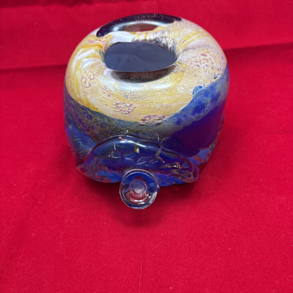 Ananda Glass Studio Vase in Blue Mottled Glass w/ Inverted Rim & Floral Impressions; 1989