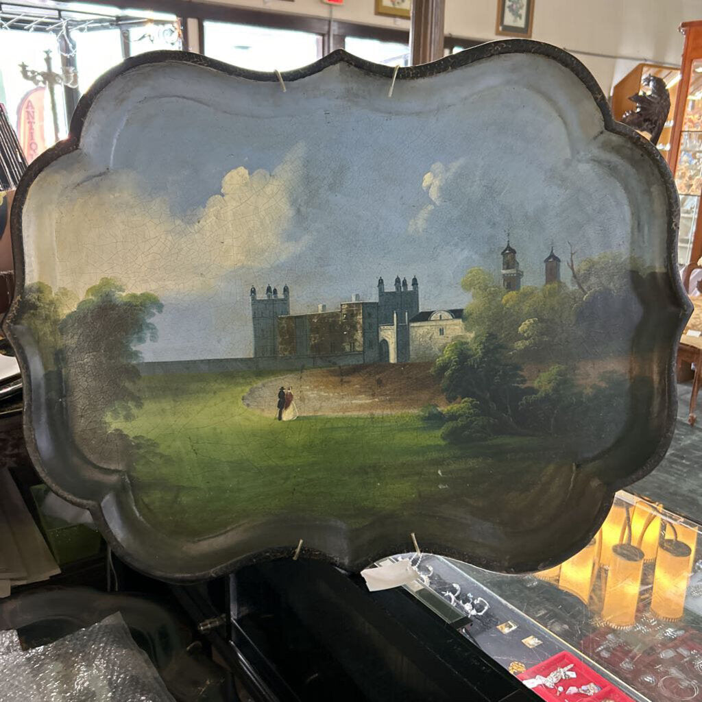 English Victorian Black Lacquer Base Papier-Mache Tray c.1840-1860, Romantic Couple Landscape Castle Scene, 31'x23'.