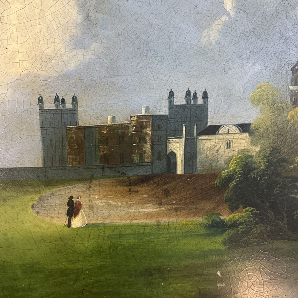 English Victorian Black Lacquer Base Papier-Mache Tray c.1840-1860, Romantic Couple Landscape Castle Scene, 31'x23'.