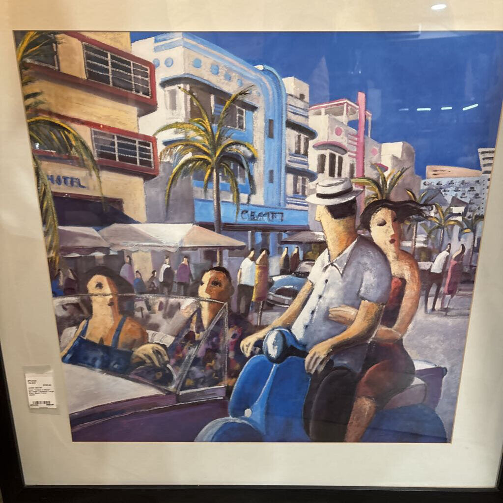 Print "Vespa in Miami" By Didier Lourenco, Large Print, Black Frame 33x33.