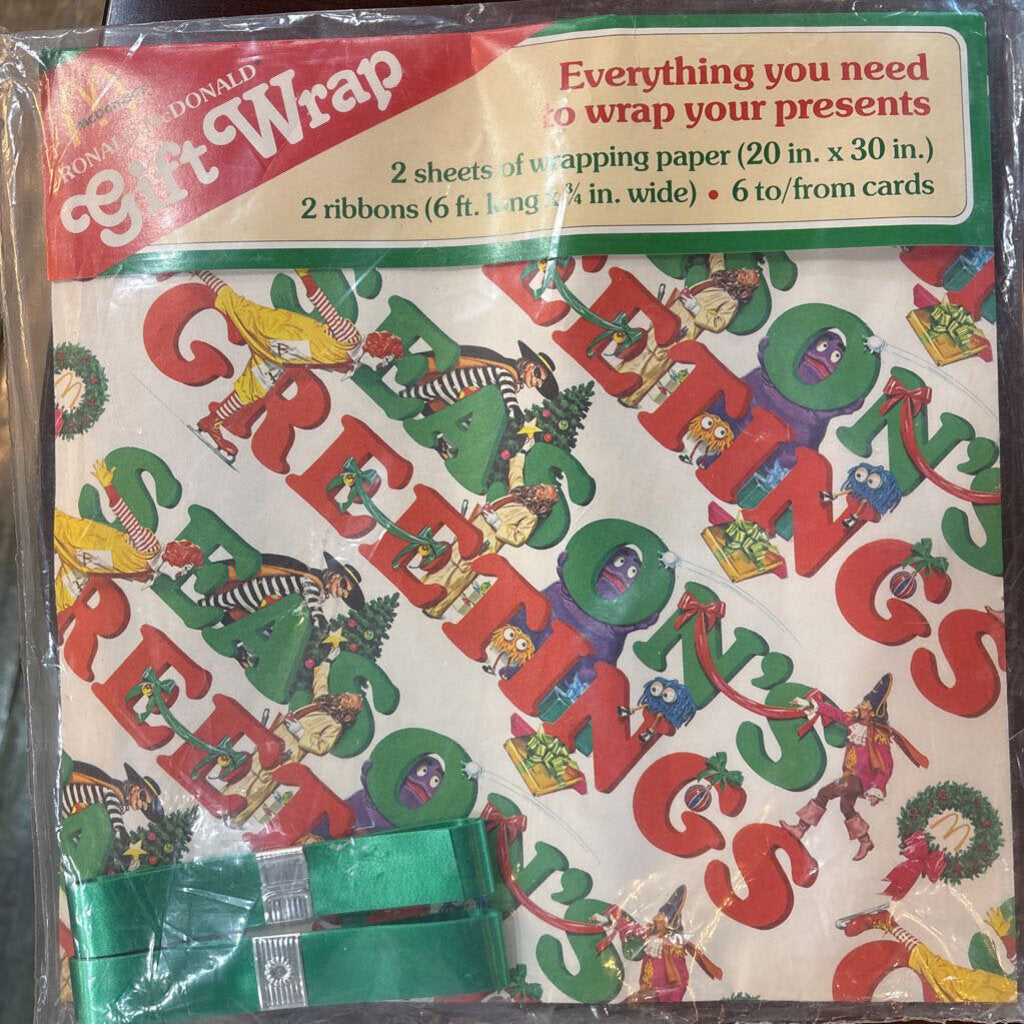 Vintage 1980 McDonald's Christmas Wrapping Paper w/Ribbon & Bow