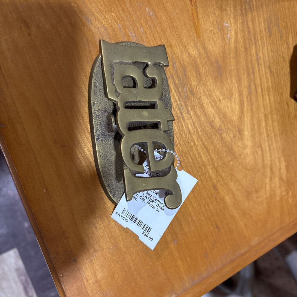 Vintage Mid-Century Brass "LATER" Desk Memo Clip, Made in Korea.
