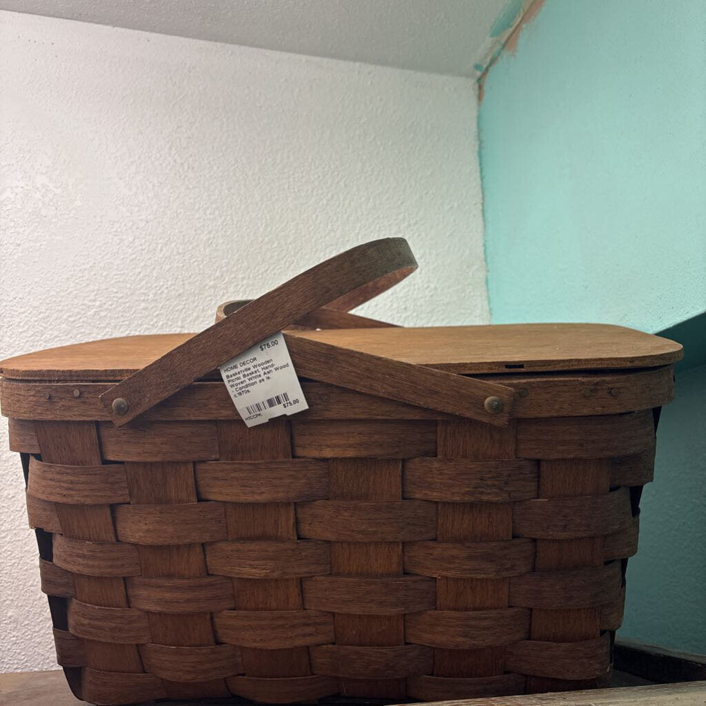Basketville Wooden Picnic Basket, Hand-Woven White Ash Wood - Condition as is. c.1970s.