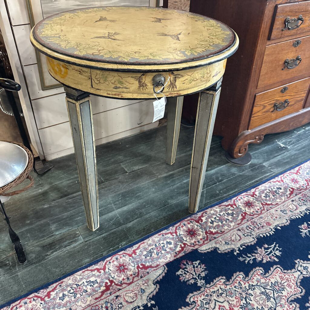 Europeon Round Accent Table, Hand-Painted 1980s-90s, Single Curved Drawer, Decorated with Botanical/Birds. (condition as is)
