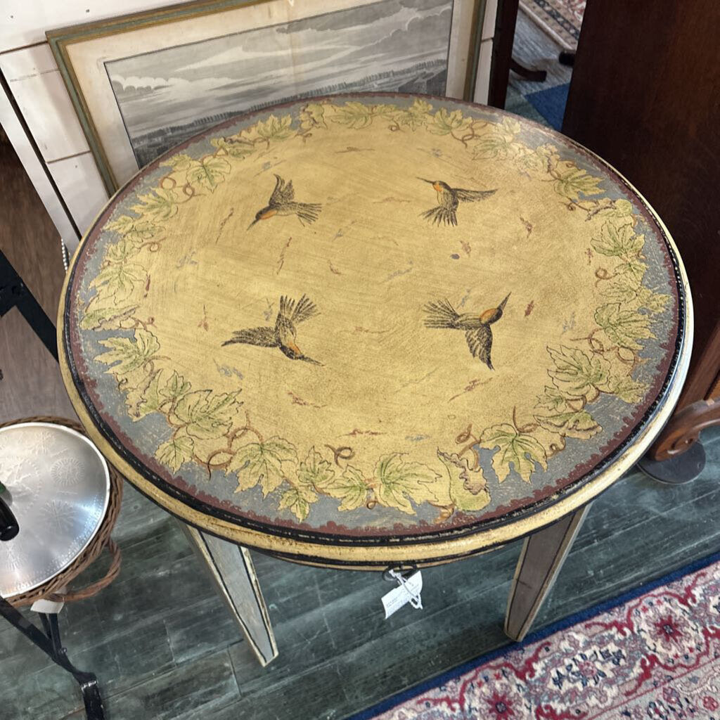 Europeon Round Accent Table, Hand-Painted 1980s-90s, Single Curved Drawer, Decorated with Botanical/Birds. (condition as is)