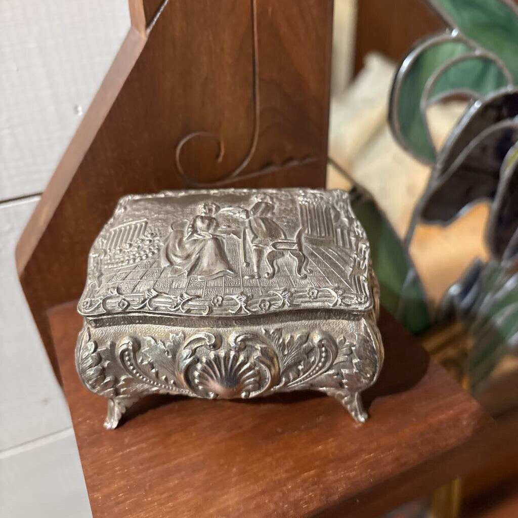 Cast Antimony Metal, Plated with Silver, Made in Japan, Hinged Trinket with Red interior. (AS IS)