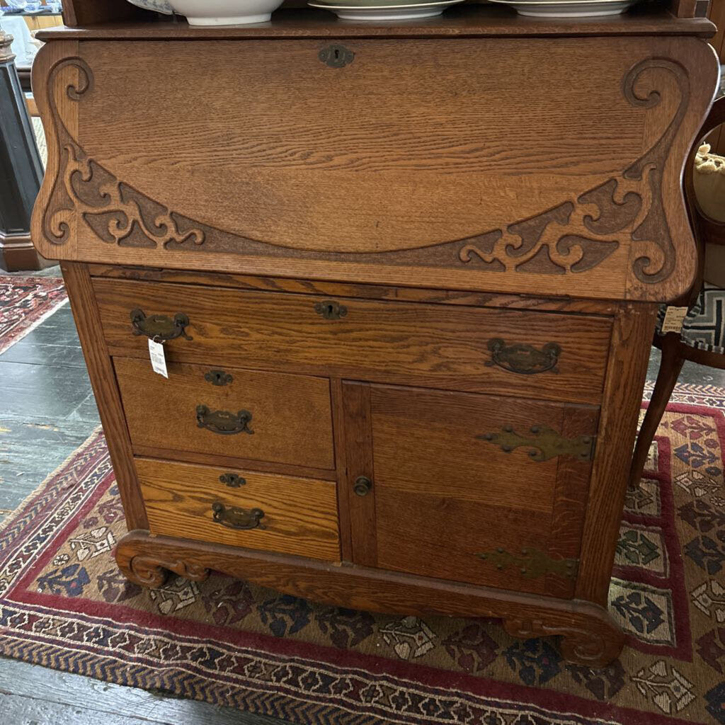 Vtg Larkin Co, Oak Wood Carved Drop Down Desk, Integrated Book Shelf (AS IS)