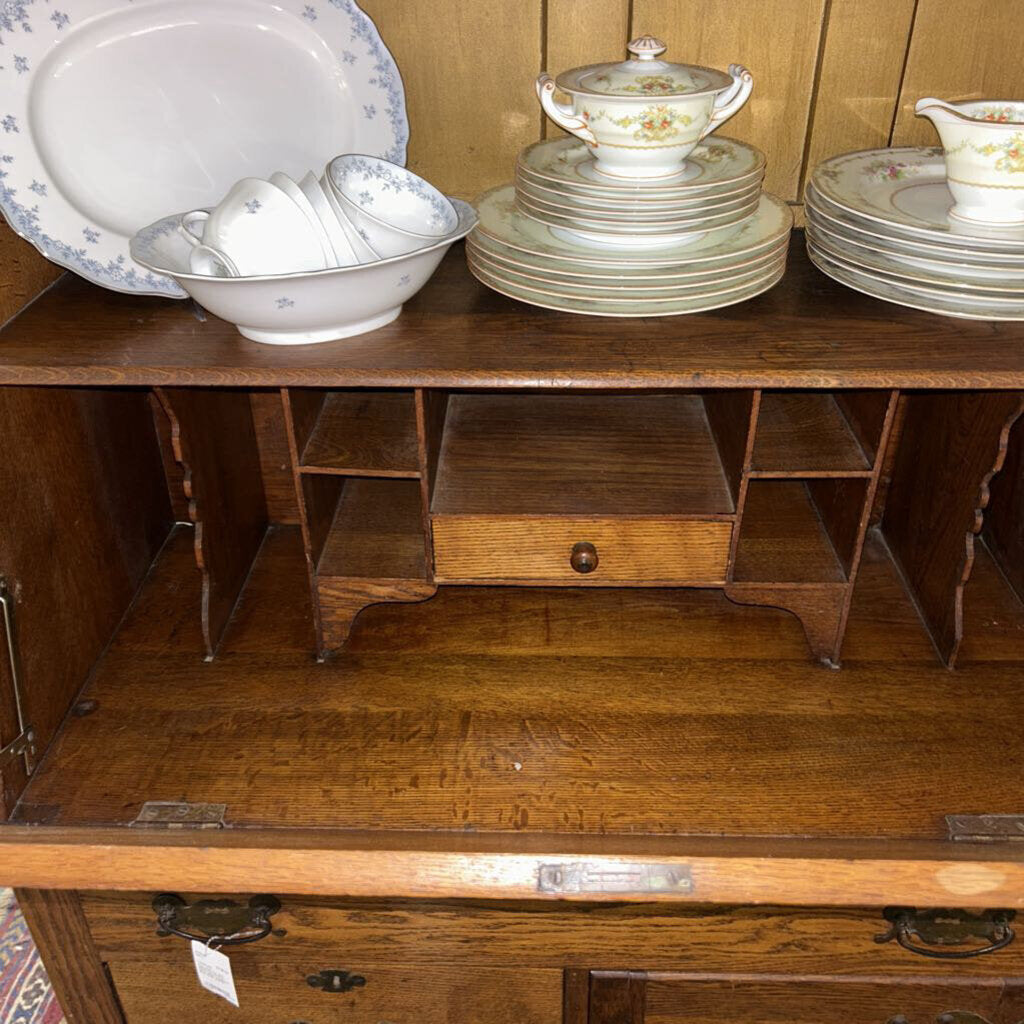 Vtg Larkin Co, Oak Wood Carved Drop Down Desk, Integrated Book Shelf (AS IS)