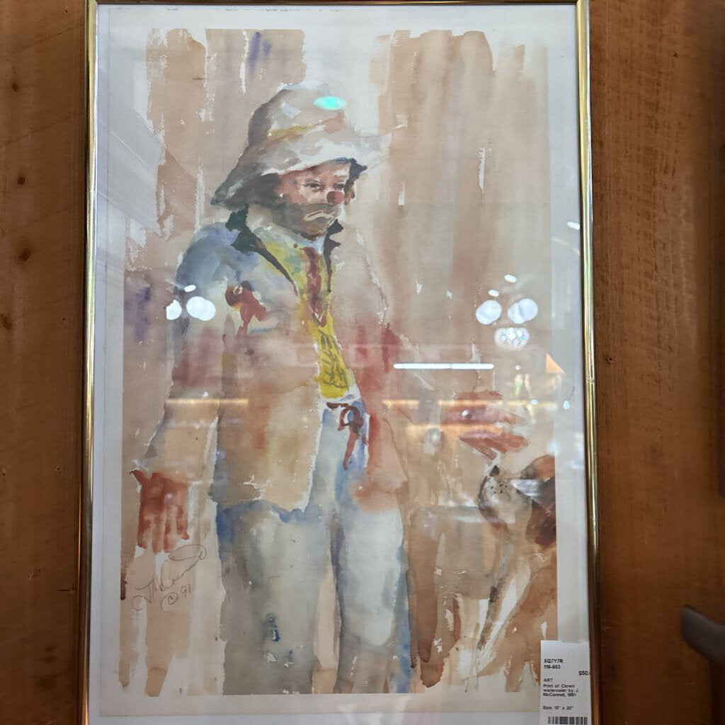 Print of Clown watercolor by J. McConnell, 1991