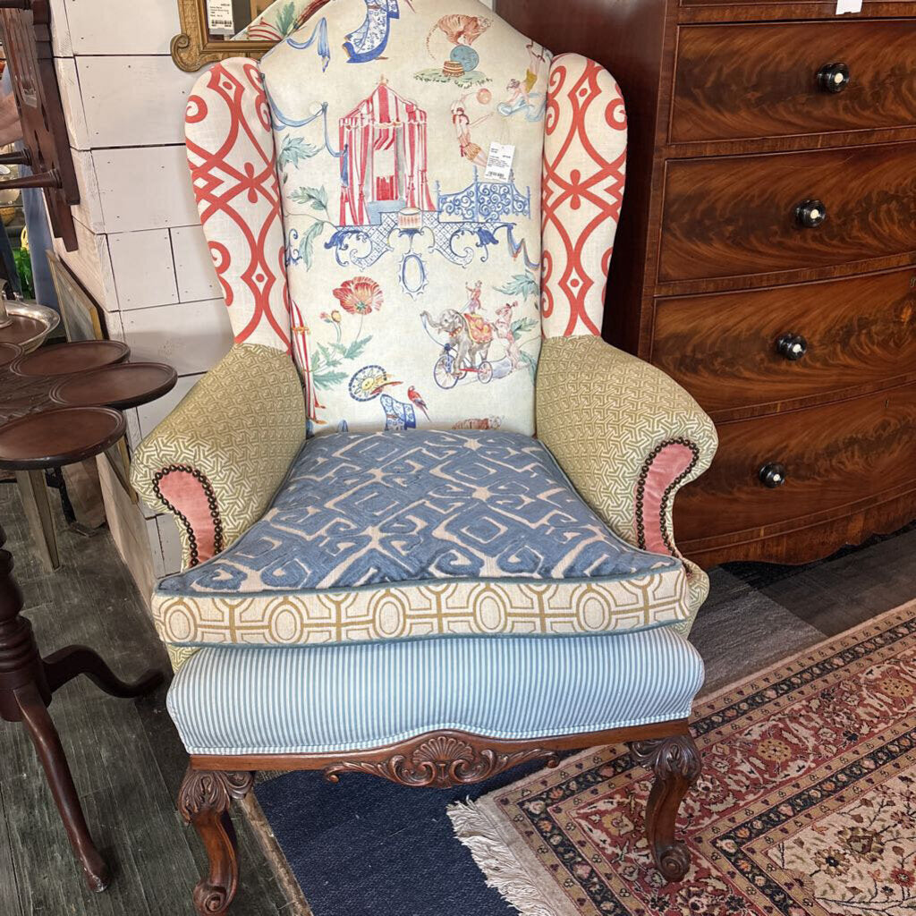 Chippendale revival wingback chair; Finely carved cabriole legs and apron in mahogany.