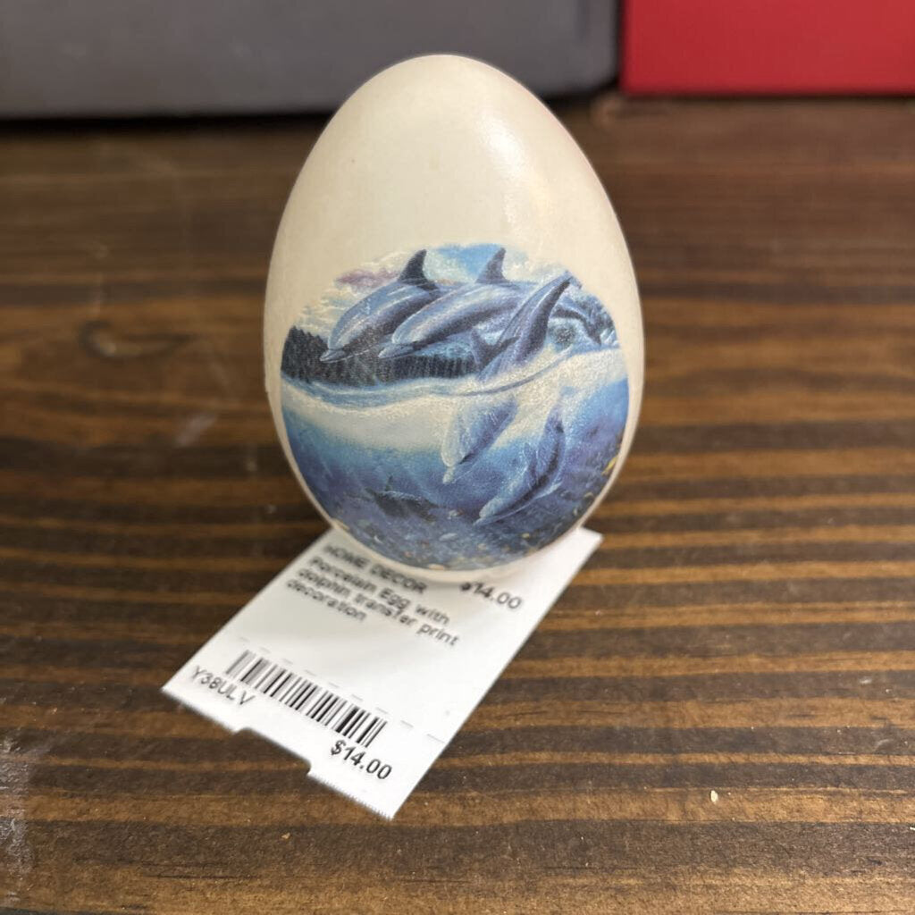 Porcelain Egg with dolphin transfer print decoration