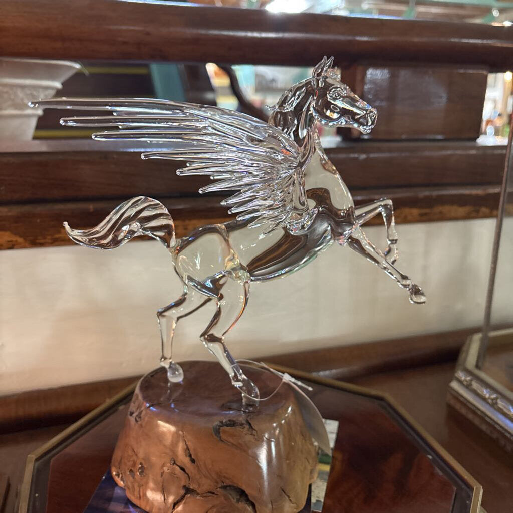 Lampwork and Blown Glass Pegasus by Helwig Art Glass; mounted on burl wood base