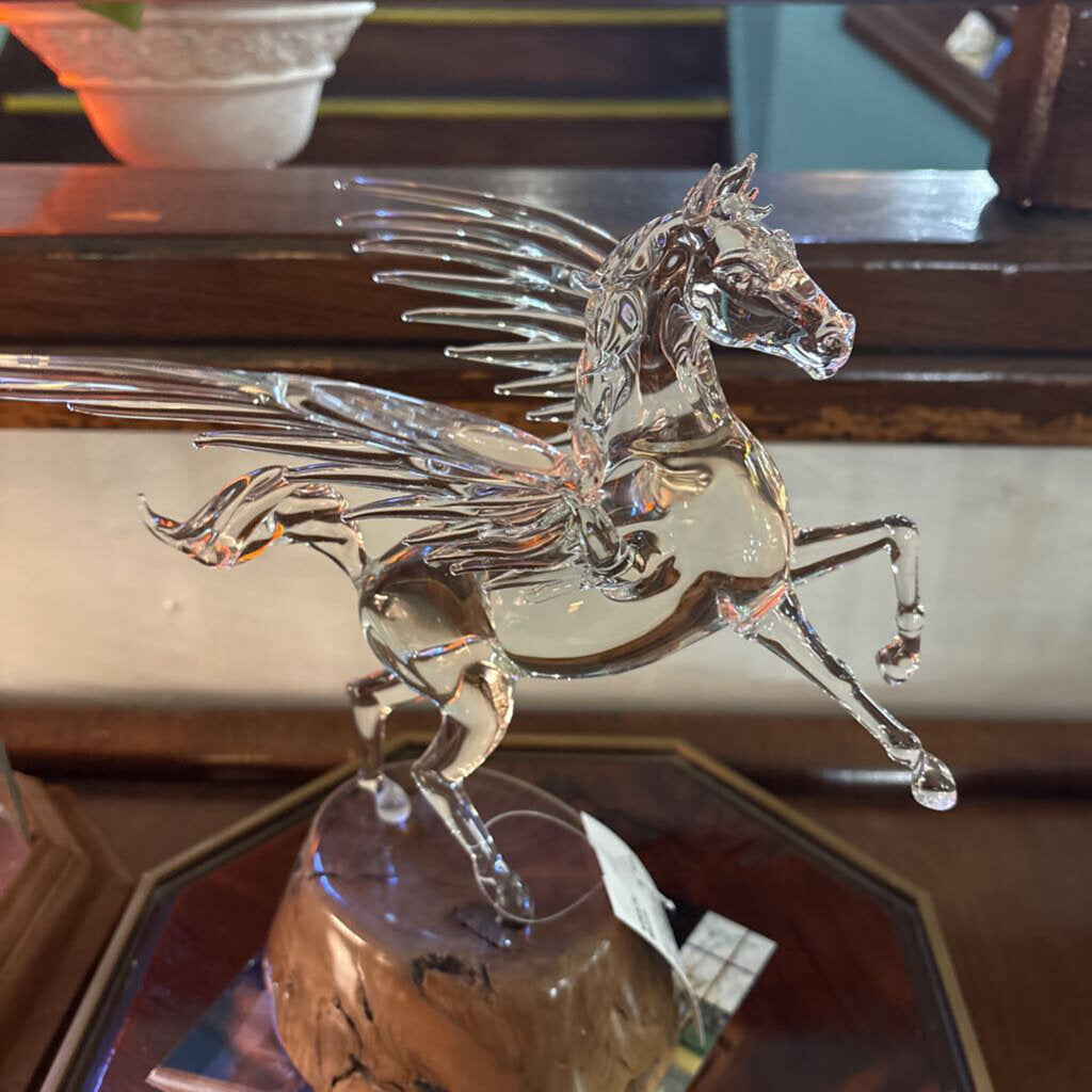 Lampwork and Blown Glass Pegasus by Helwig Art Glass; mounted on burl wood base