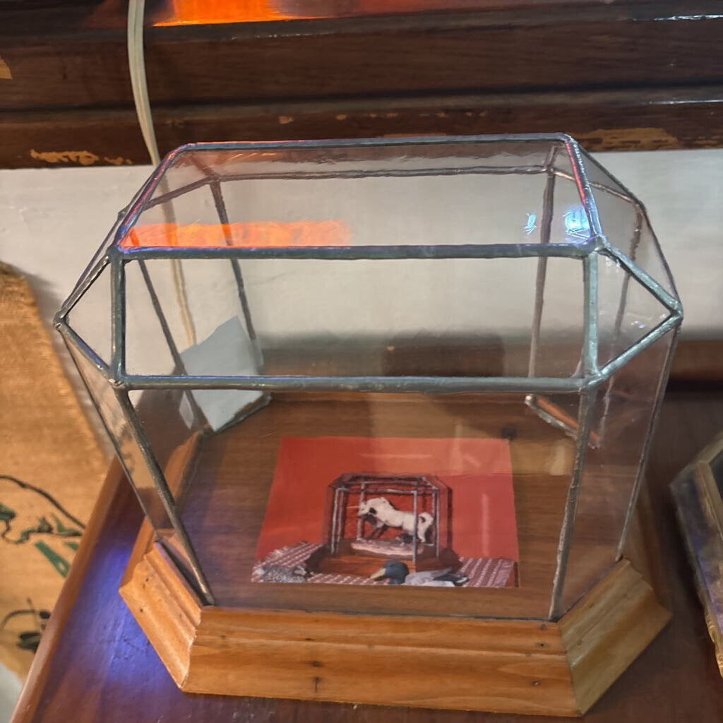 Leaded Glass Rectangular display case w/ wood base- AS IS