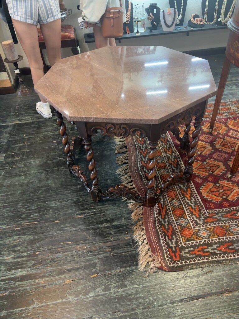 Jacobean Revival Octagonal Table in Walnut with Barley Twist legs and a brown marble top; circa 1920-1950