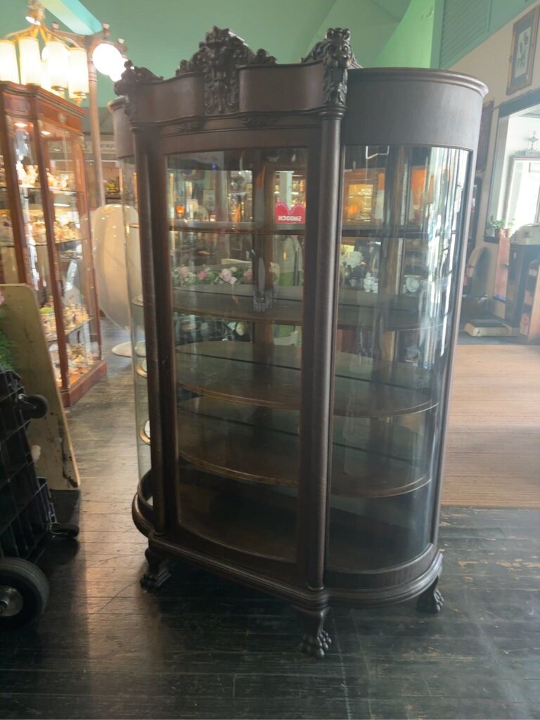 Victorian Bowfront Curio Cabinet in Oak with Lion Decoration