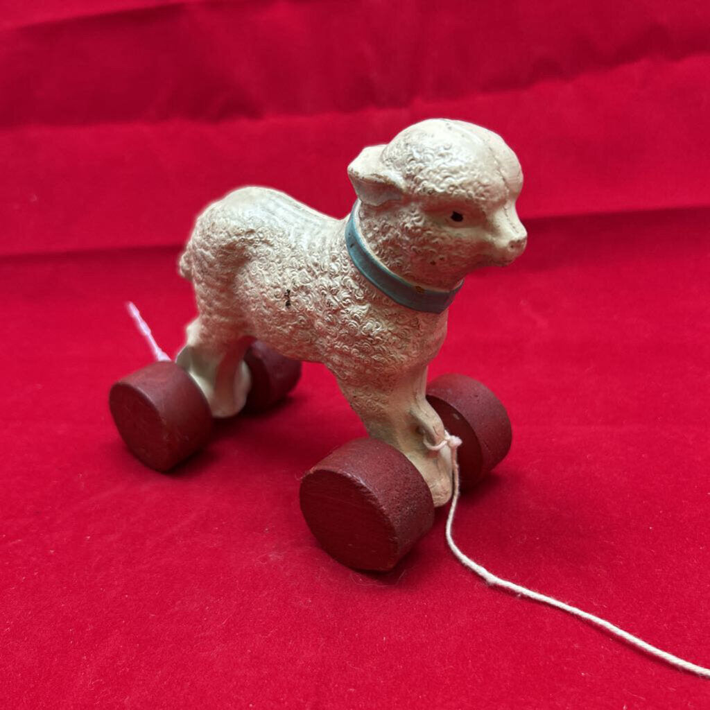 Vintage Hubley "Mary's Lamb" Pull Toy (No. 105) 1930s-40s, Wooden Wheels.