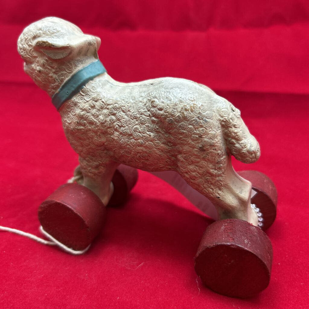 Vintage Hubley "Mary's Lamb" Pull Toy (No. 105) 1930s-40s, Wooden Wheels.
