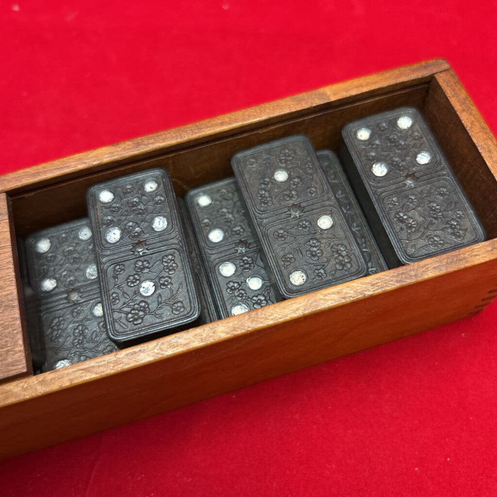 Antique Arabesque Ebony Dominoes 1869-1874, Wooden Box.