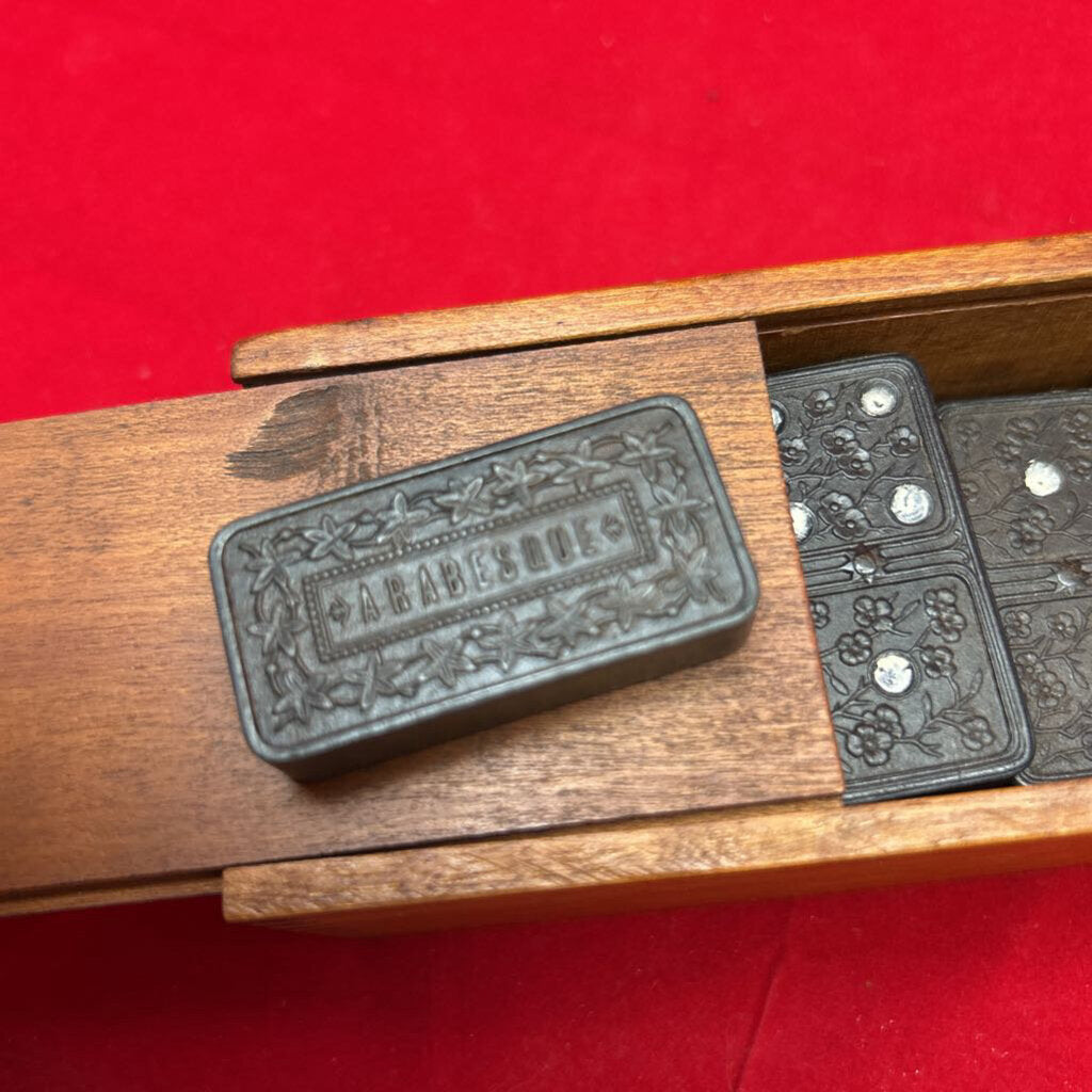 Antique Arabesque Ebony Dominoes 1869-1874, Wooden Box.