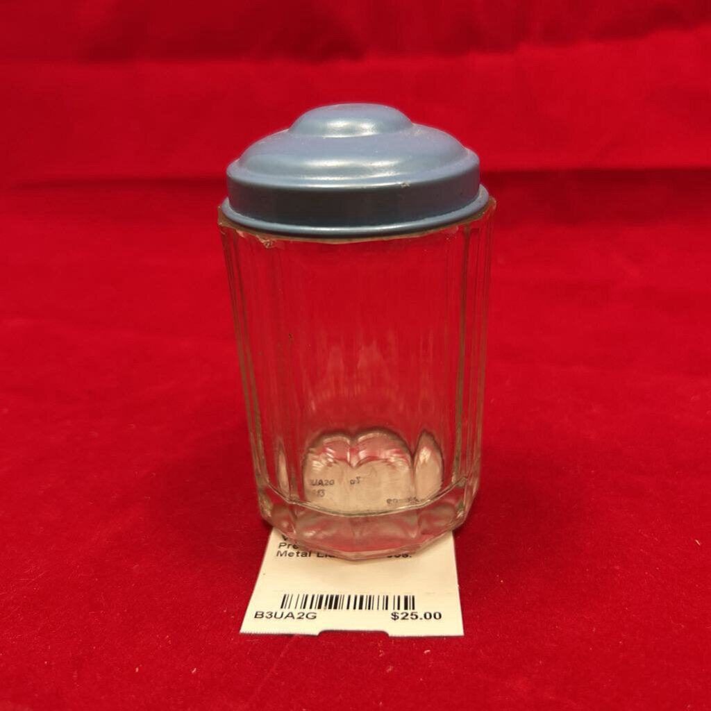 Vtg Glass Shaker, Pressed Glass, Blue Metal Lid. 1930s-50s.